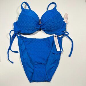 Victoria Secret 32DD M TWIST FRONT Push Up Bikini Top Bottom Set Textured Blue